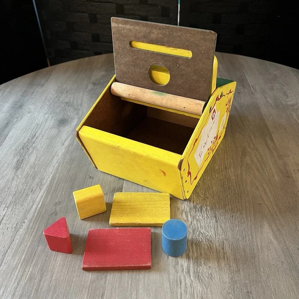 Vintage Holgate Wooden Picnic Basket Shape Sorter w/Blocks Shapes Fair Condition